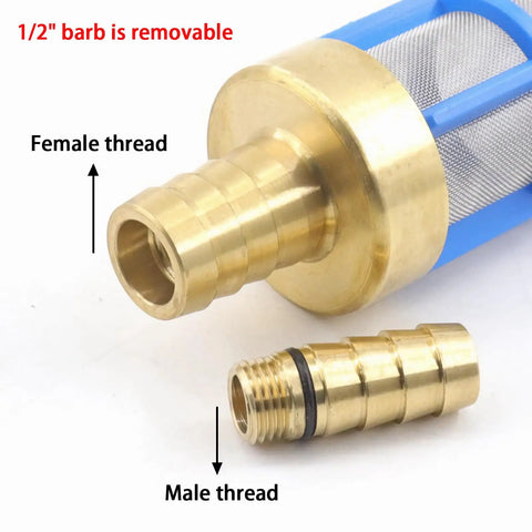 Brass Heavy Duty Inlet Filter For Hose With Three Quarter Inch And One Half Inch Barbs Stainless Steel Screen And Nylon Frame