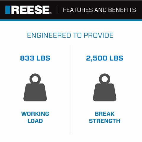 Weight icons showing 833 lbs working load and 2,500 lbs break strength for Retractable Transom Tie Down For Boats, 2 Inch By 43 Inch.