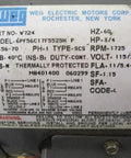 Label on 3/4 HP Electric Motor 1725 RPM 115/230V 60 Hz SCS Type Code L showing specifications and model number 6PF56C17F5525H