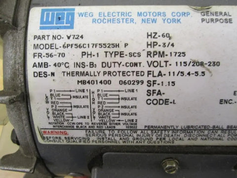 Label on 3/4 HP Electric Motor 1725 RPM 115/230V 60 Hz SCS Type Code L showing specifications and model number 6PF56C17F5525H