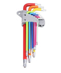 Top Notch Professional Star Hex Key Wrench Set Made From Heavy Duty Chrome Vanadium Steel Long Arm Torx Tool Kit With Zero Rebound Design For Real Mechanics And Serious DIY Projects In Sizes T10 Through T50 That Rock. Color-coded Torx key set T10-T50 on holder