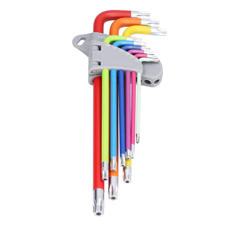 Top Notch Professional Star Hex Key Wrench Set Made From Heavy Duty Chrome Vanadium Steel Long Arm Torx Tool Kit With Zero Rebound Design For Real Mechanics And Serious DIY Projects In Sizes T10 Through T50 That Rock. Color-coded Torx key set T10-T50 on holder