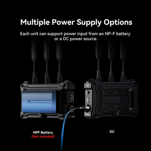 Pyro S Wireless Video Transmitter And Receiver For HDMI And SDI 4K30 1080P60, 1300ft LOS Range, 50ms Latency showing power options