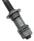 Close-up of Heavy Duty 180mm 3/8 Inch Rear Bike Axle Replacement for Most Hubs, 26 TPI, conical lock nut washer, in black steel.