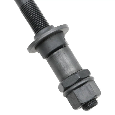 Close-up of Heavy Duty 180mm 3/8 Inch Rear Bike Axle Replacement for Most Hubs, 26 TPI, conical lock nut washer, in black steel.
