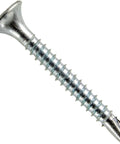 Six X One Point Four Inch Bugle Head Drywall Screws For Metal Studs With Phillips Drive And Self Drilling Tip Zinc Coated Rust Resistant Interior Built Tough Hassle Free Quick Install 235 Count viewed from side, highlighting the bugle head and sharp tip.