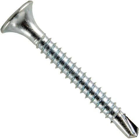Six X One Point Four Inch Bugle Head Drywall Screws For Metal Studs With Phillips Drive And Self Drilling Tip Zinc Coated Rust Resistant Interior Built Tough Hassle Free Quick Install 235 Count viewed from side, highlighting the bugle head and sharp tip.