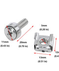 Heavy Duty M5 Cage Nuts And 20 Millimeter Rack Screws With Washers For Server Cabinet Builds. Close-up of screw and cage nut dimensions.