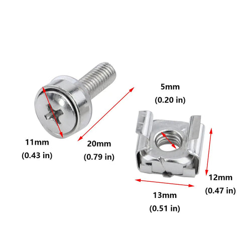 Heavy Duty M5 Cage Nuts And 20 Millimeter Rack Screws With Washers For Server Cabinet Builds. Close-up of screw and cage nut dimensions.