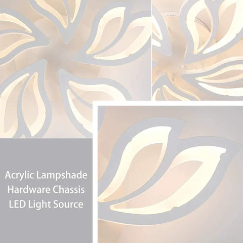 Close-up of five leaf LED ceiling light with remote control for living room, acrylic white leaves design, 23.6-inch chandelier.
