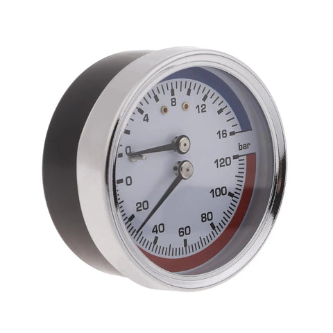 No Nonsense Liquid Filled Pressure And Temperature Gauge For Boilers And Heating Systems, Thermo Manometer With One Quarter Inch NPT, 0 To 16 Bar Range, Durable Boiler Gauge For Safe, Accurate Readings And Easy Monitoring.