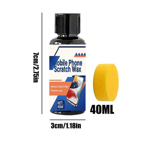 Mobile phone scratch wax 40ml bottle with dimensions, includes yellow applicator pad for repair and clarity enhancement.