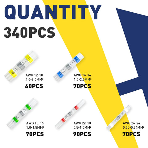 340pcs solder-seal butt splice connectors in 5 colors (yellow, blue, green, red, white) for marine electrical wiring.