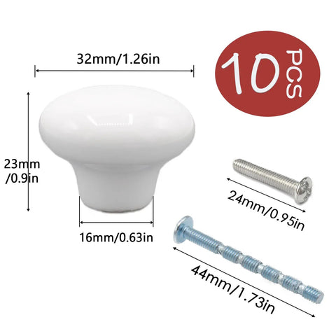 Ten Pack White Ceramic Cabinet Knobs 32mm Round Drawer Pulls With Screws Included For Easy Install The Ultimate Kitchen And Furniture Makeover Upgrade, 32mm knob with screws