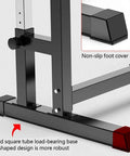 Adjustable Multifunction Squat Rack with Dip Stand and Barbell Holder for Home Gym base focus, highlighting non-slip foot cover.