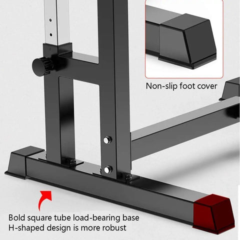 Adjustable Multifunction Squat Rack with Dip Stand and Barbell Holder for Home Gym base focus, highlighting non-slip foot cover.