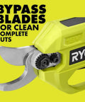 Heavy Hitter 18 Volt Cordless Bypass Pruner With Included Lithium Battery And Fast Wall Charger For No Sweat Branch Trimming close-up of bypass blades.