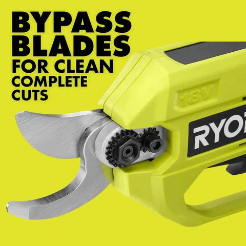 Heavy Hitter 18 Volt Cordless Bypass Pruner With Included Lithium Battery And Fast Wall Charger For No Sweat Branch Trimming close-up of bypass blades.