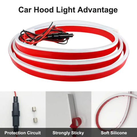 Dynamic Car Hood Light Strip For Cars And Trucks, Waterproof Exterior LED Light Bar, red and white, coiled, installation details