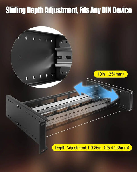 Heavy Duty 19 Inch Rack Mount DIN Rail Kit With 2U Adjustable Depth Bracket for Industrial Switches, side and depth view