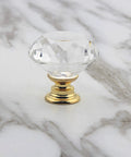 5 Pack Crystal Glass Cabinet Knobs 30mm Clear Diamond Shape With Gold Base Pulls for drawers on marble surface