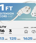 3 Pack 1 Foot Flat Plug Indoor Extension Cord With Grounded 3 Prong, Low Profile White Power Cable for Laptops and Appliances