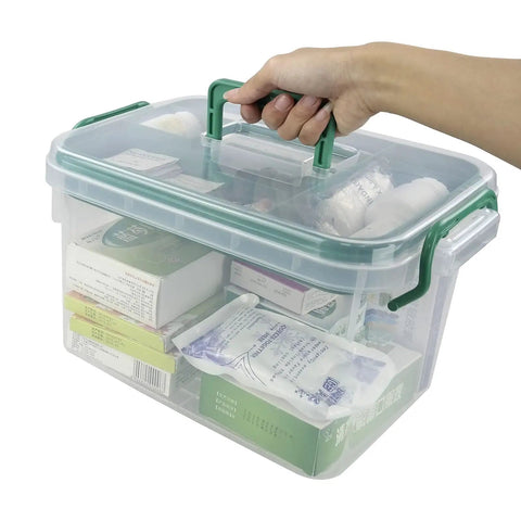 Clear Storage Box With Removable Divider Tray For Easy First Aid And Medicine Organization in hand, showcasing transparent design and contents.
