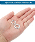 All In One M12 Stainless Steel Washer Kit, 100 Pieces Including 50 Split Lock Washers And 50 Flat Washers, 304 Grade Rust Resistant Hardware, White Finish, Heavy Duty DIY And Auto Projects, split lock and flat washers in hand