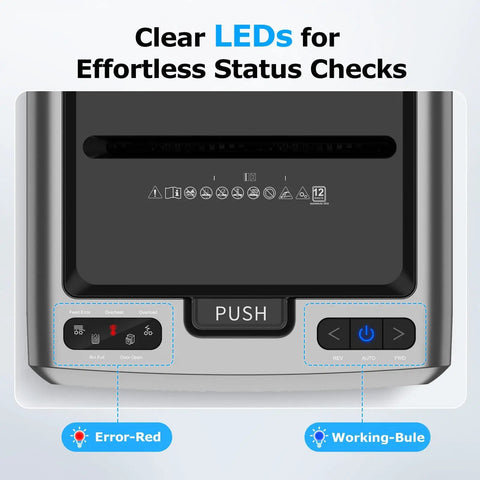 Control panel of the Two In One 300 Sheet Auto Feed Paper Shredder With 12 Sheet Manual Slot Built Like A Workhorse Commercial Grade Heavy Duty Micro Cut Shredder P4 Security Level 58dB Ultra Quiet For Office Or Home Use, showing LED indicators.