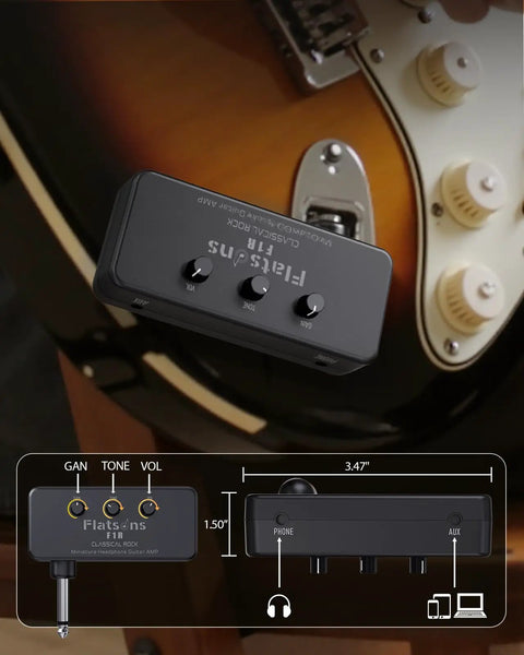 Mini Guitar Headphone Amplifier With 3.5mm Aux Jack For Silent Practice And On The Go Travel Real Analog Tone Distortion Timbre pocket-sized next to electric guitar with control diagram