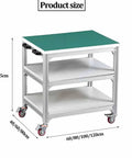 Heavy Hitting Antistatic Workbench With Easy Roll Caster Wheels Three Tier Solid Aluminum Storage Shop Table For Straight Up Workshop Needs And Pro Repair Tasks dimensions displayed with green rubber top.