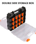 Two Piece Double Side Tool Organizer with Impact Resistant Polymer, 34 Compartment Hardware Box, black body, clear lids, orange closures.