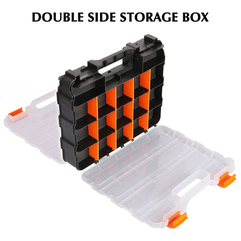 Two Piece Double Side Tool Organizer with Impact Resistant Polymer, 34 Compartment Hardware Box, black body, clear lids, orange closures.