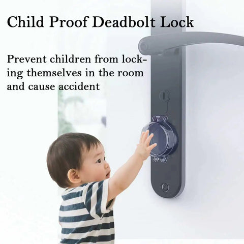 Child Proof Deadbolt Lock installed on a door with a child reaching towards it, demonstrating child safety feature.