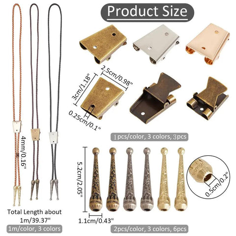 Must Have Bolo Tie Making Kit With 6 Alloy Cord Ends And 3 Iron Slide Clasps, Replacement Tips Buckle Accessories For DIY Western Neckties, Complete Craft Set For DIY Jewelry Making, 1m cords, 5.2cm slides