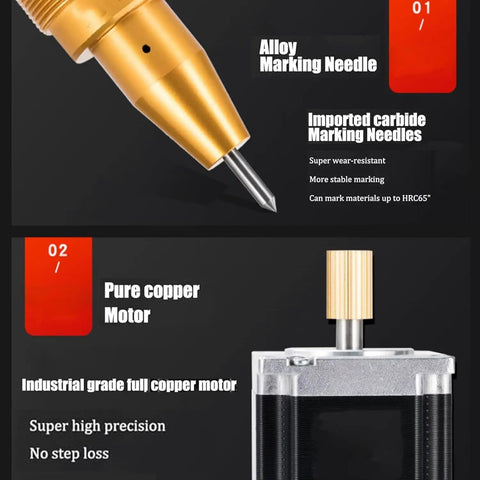 Close-up of alloy marking needle and pure copper motor for Rock Solid Pneumatic Dot Peen Marking Machine for Chassis Codes and Engine Tags.