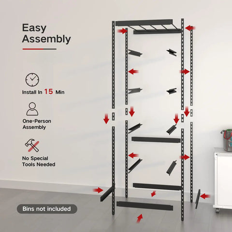 Heavy Duty 5 Tier 27 Gallon Tote Storage Rack Organizer For Garage And Warehouse, Adjustable steel frame shown in assembly view