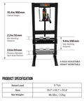 Front view of 6 Ton H Frame Shop Press With Adjustable Height For Garage Floor Use, showing dimensions and specifications.