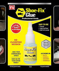 Professional Grade Footwear Glue With Instant Bond And Clear Flexible Finish A Quick No Clamp Needed Fast Acting Adhesive That Stays Durable On Heels Sandals Boots And Shoes In A Convenient 20g Tube packaging with application instructions on shoes.