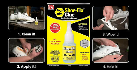 Professional Grade Footwear Glue With Instant Bond And Clear Flexible Finish A Quick No Clamp Needed Fast Acting Adhesive That Stays Durable On Heels Sandals Boots And Shoes In A Convenient 20g Tube packaging with application instructions on shoes.