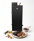 Smooth Operator Vertical Electric Smoker 1600W with Eight Hella Roomy Chrome Racks, brisket, and marinade on a plate.