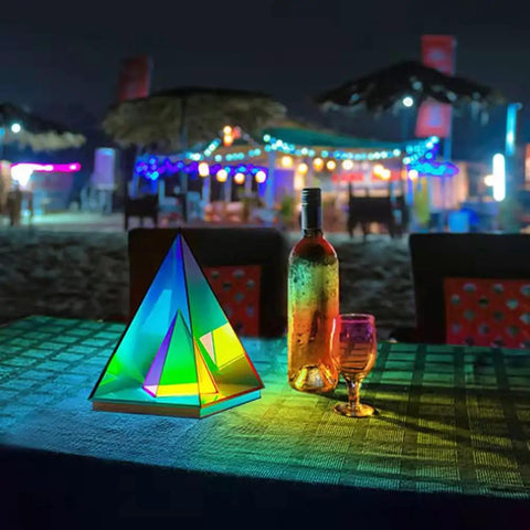 Pyramid Modern Table Lamp Led Desk Light With Colorful Transparent Glow 3D Acrylic Home Decor Large Warm Night Light on outdoor table