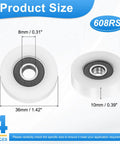 Nylon Ball Bearing Guide Pulleys 8mm By 36mm By 10mm Four Pack With Sealed 608RS Bearings for sliding doors size details
