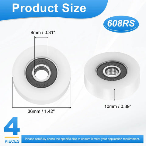 Nylon Ball Bearing Guide Pulleys 8mm By 36mm By 10mm Four Pack With Sealed 608RS Bearings for sliding doors size details