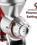 Metal grain mill attachment for KitchenAid stand mixer; silver finish with 9 fineness settings dial (side view)