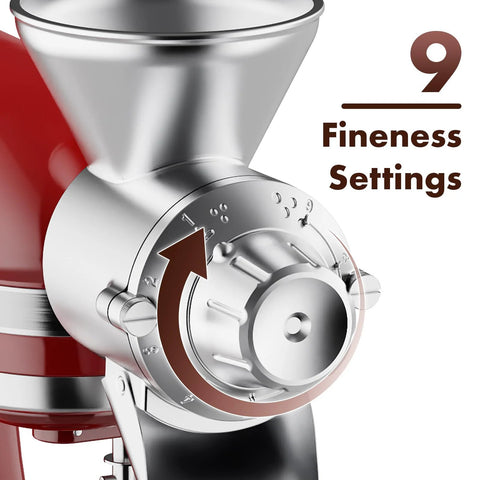 Metal grain mill attachment for KitchenAid stand mixer; silver finish with 9 fineness settings dial (side view)