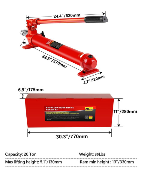 20 Ton Hydraulic Jack Kit With Steel Case For Auto Repair, Truck And Equipment Maintenance, Heavy Duty Ram Set, 44,000 Lbs Capacity, Max Lift 5.1 In, 17-Piece Kit With Carrying Case