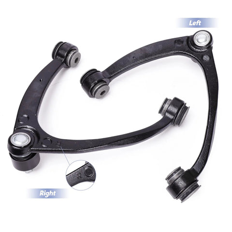 Left front upper control arm with bushings and ball joint, black metal suspension component