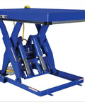 Heavy Duty Electric Hydraulic Lift Table With 48 X 72 Welded Steel Platform, showcasing blue finish and hydraulic system components.