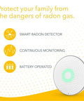 Smart Radon Detector With Humidity And Temperature Sensor For Home Safety Easy To Use And Accurate Continuous Monitoring Battery Operated With Free App No Lab Fees, circular design with green light indicator